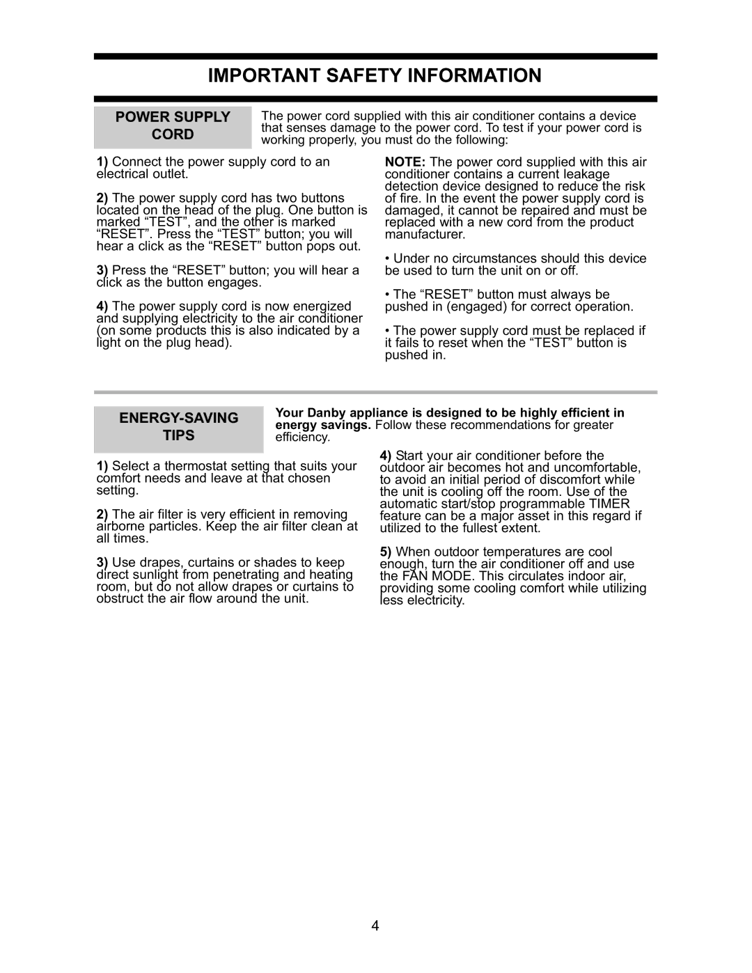 Danby DPAC7099 operating instructions Cord, Energy-Saving, Tips, Your Danby appliance is designed to be highly efficient 