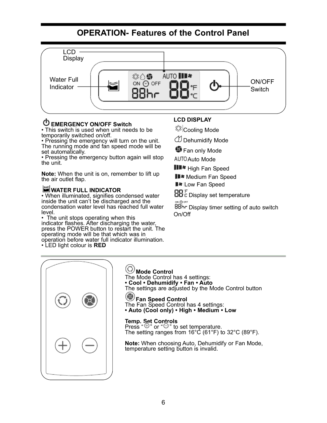 Danby DPAC7099 operating instructions OPERATION- Features of the Control Panel, Water Full Indicator, LCD Display 