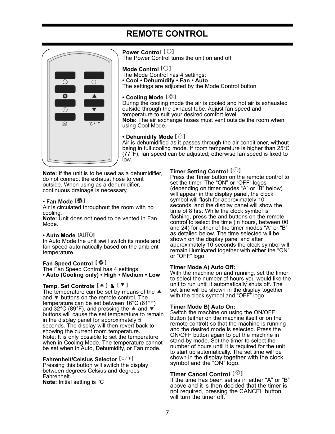 Danby DPAC7099 operating instructions Remote Control 