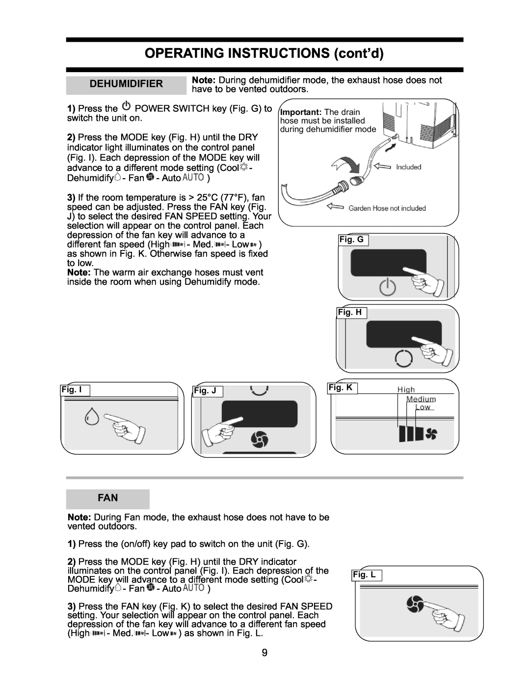 Danby DPAC7099 operating instructions OPERATING INSTRUCTIONS cont’d, Dehumidifier 
