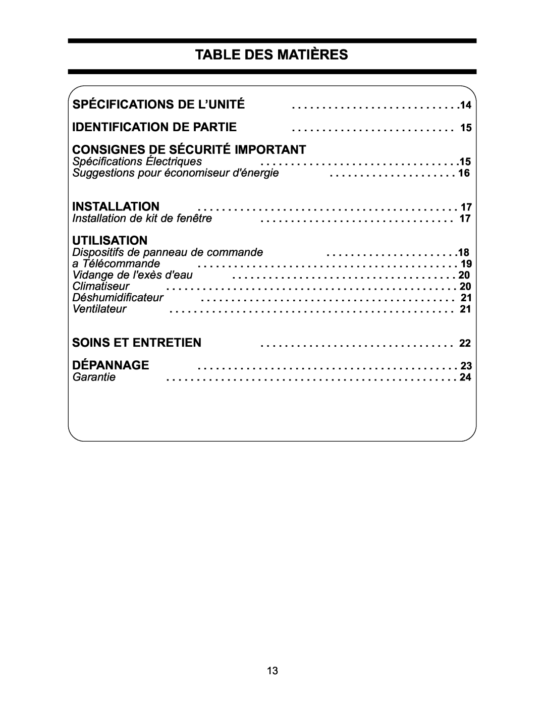 Danby DPAC7099 operating instructions Table Des Matières, Consignes De Sécurité Important, Utilisation 