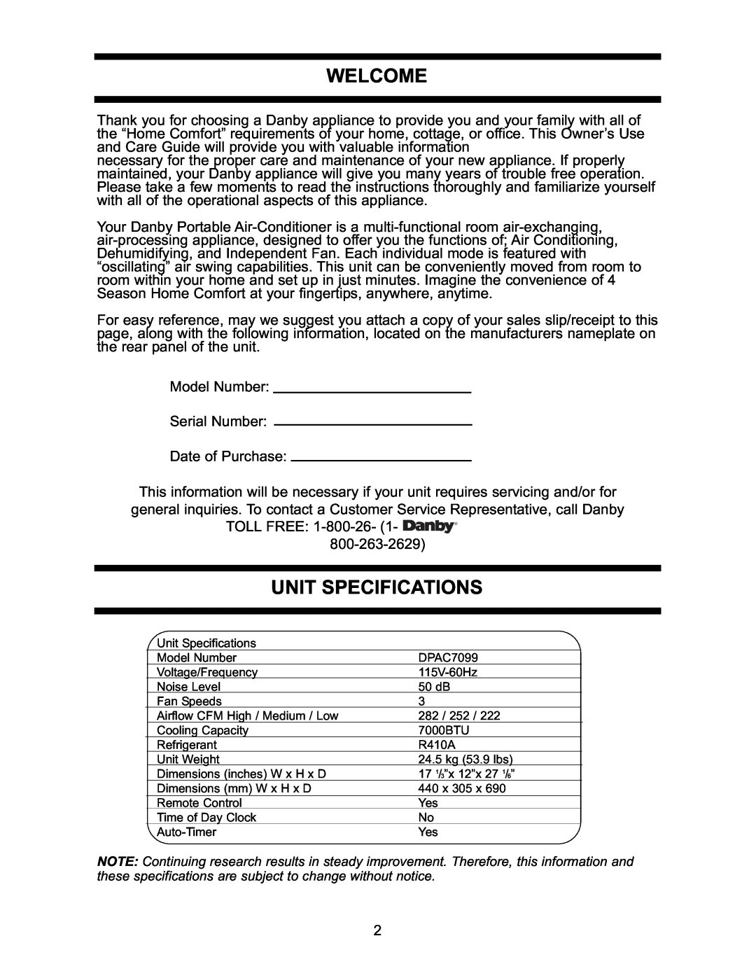 Danby DPAC7099 operating instructions Welcome, Unit Specifications 