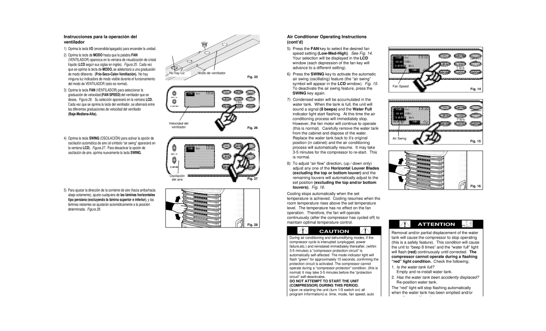 Danby DPAC8399 Instrucciones para la operación del ventilador, Air Conditioner Operating Instructions cont’d, Louvers. Fig 