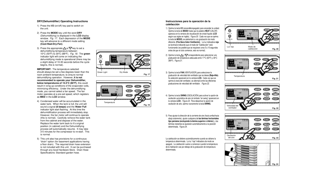 Danby DPAC8399 owner manual DRYDehumidifier Operating Instructions, Instrucciones para la operación de la calefacción 