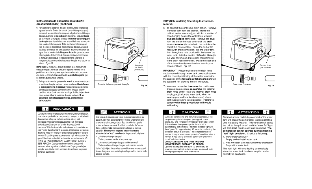 Danby DPAC8399 DRY Dehumidifier Operating Instructions cont’d, Importante Asegúrese de que la sección de la manguera de 