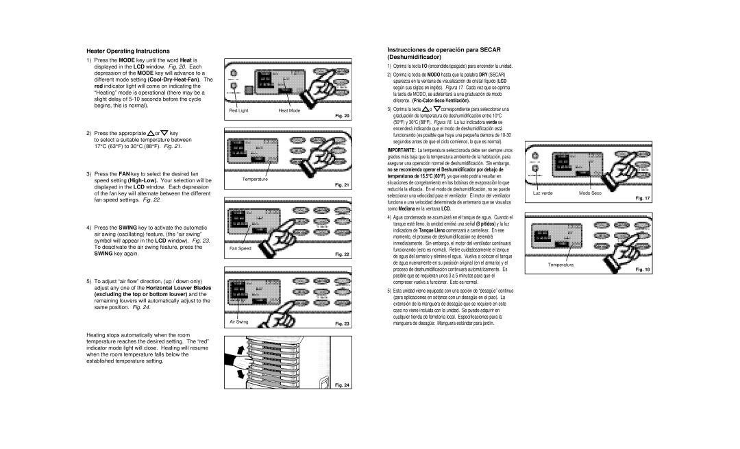 Danby DPAC8399 owner manual Heater Operating Instructions, Instrucciones de operación para Secar Deshumidificador 