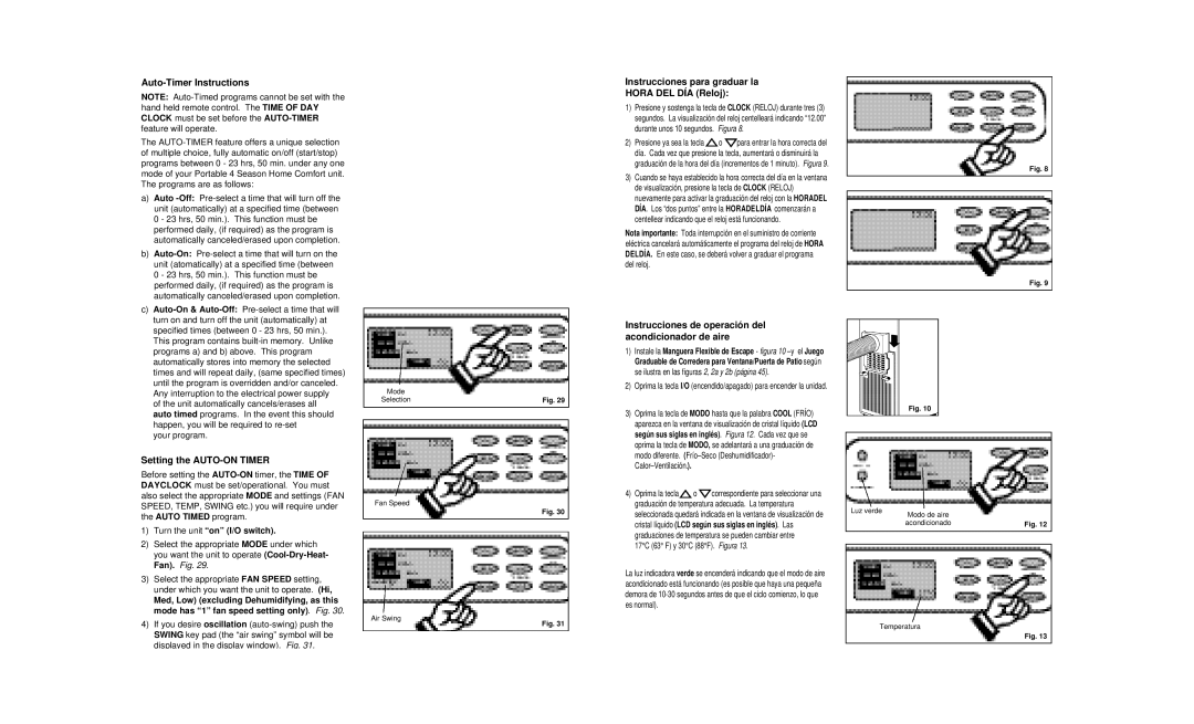 Danby DPAC8399 Auto-Timer Instructions, Instrucciones para graduar la Hora DEL DÍAReloj, Setting the AUTO-ON Timer 