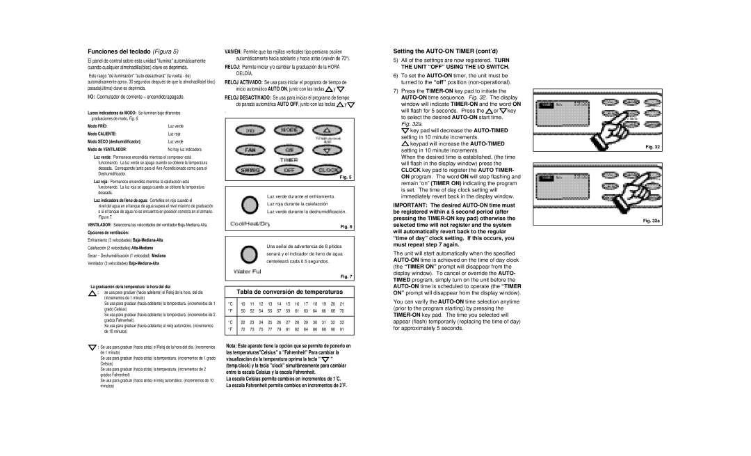 Danby DPAC8399 Funciones del teclado Figura, Tabla de conversión de temperaturas, Setting the AUTO-ON Timer cont’d 