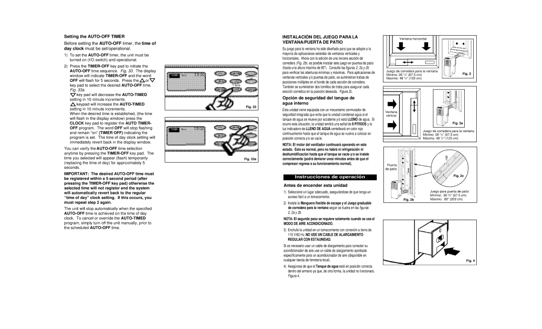 Danby DPAC8399 Setting the AUTO-OFF Timer, Opción de seguridad del tangue de agua interno, Instrucciones de operación 