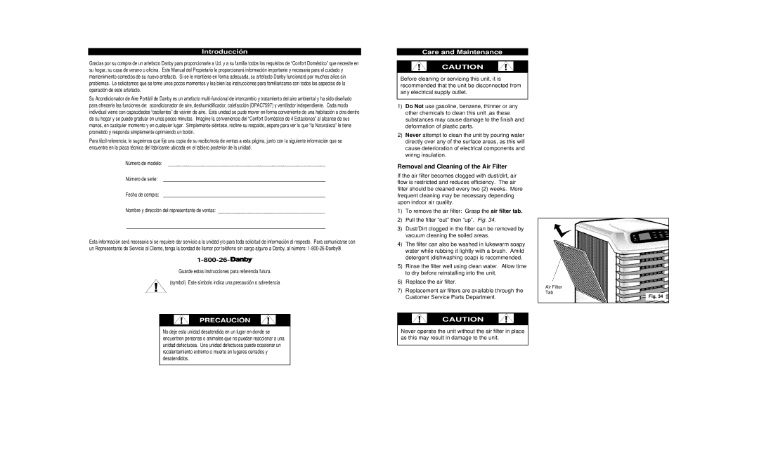 Danby DPAC8399 owner manual Introducción, Care and Maintenance, Removal and Cleaning of the Air Filter 