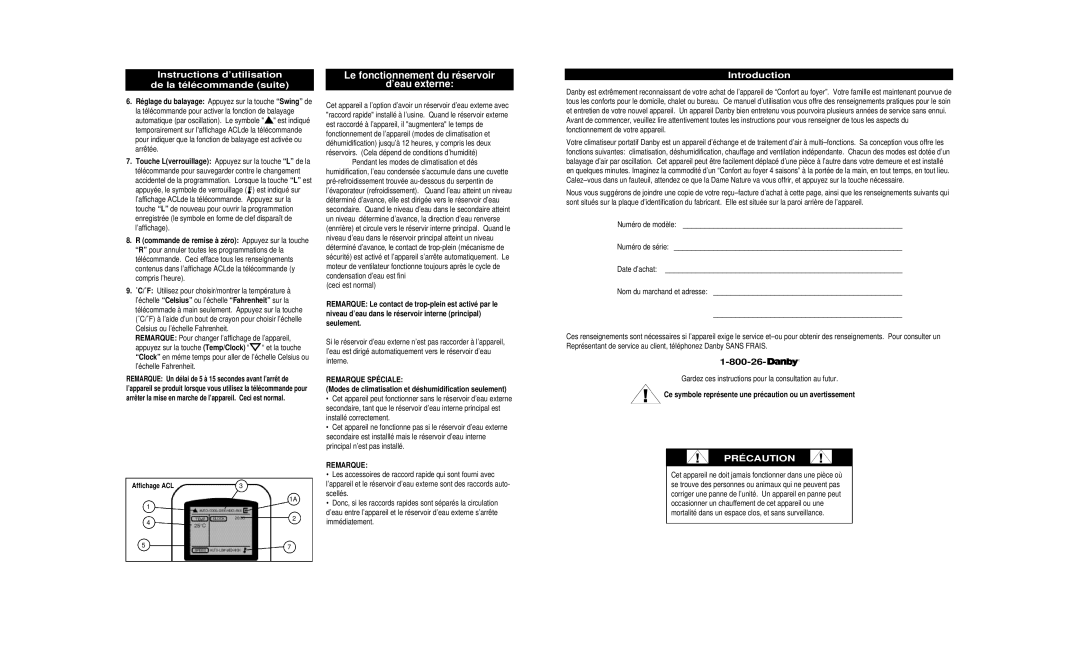 Danby DPAC8399 owner manual Instructions d’utilisation de la télécommande suite, 800-26, Remarque Spéciale 