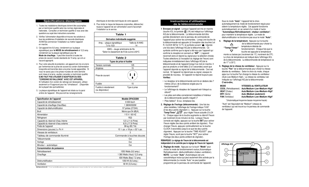 Danby DPAC8399 owner manual Spécifications électriques, Instructions d’utilisation de la télécommande, Mode 