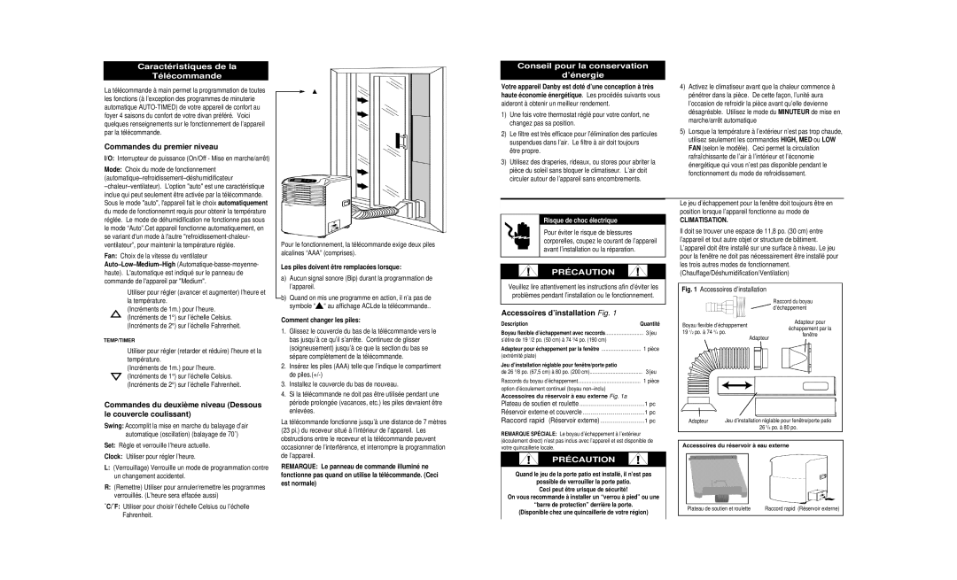 Danby DPAC8399 Caractéristiques de la Télécommande, Commandes du premier niveau, Conseil pour la conservation ’énergie 