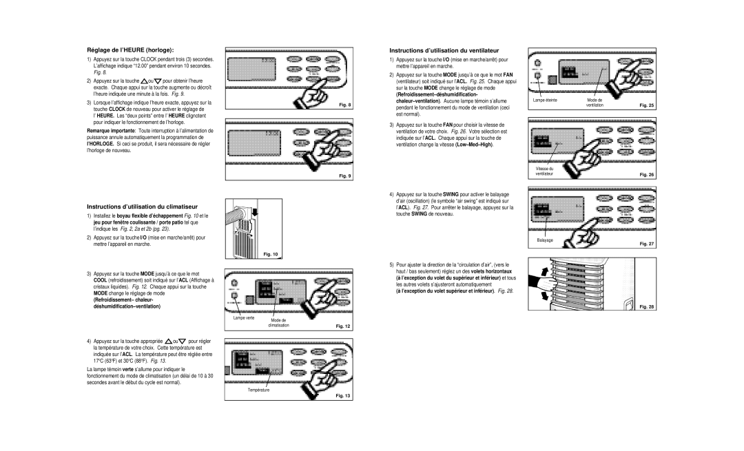 Danby DPAC8399 owner manual Réglage de l’HEURE horloge, Instructions d’utilisation du ventilateur 