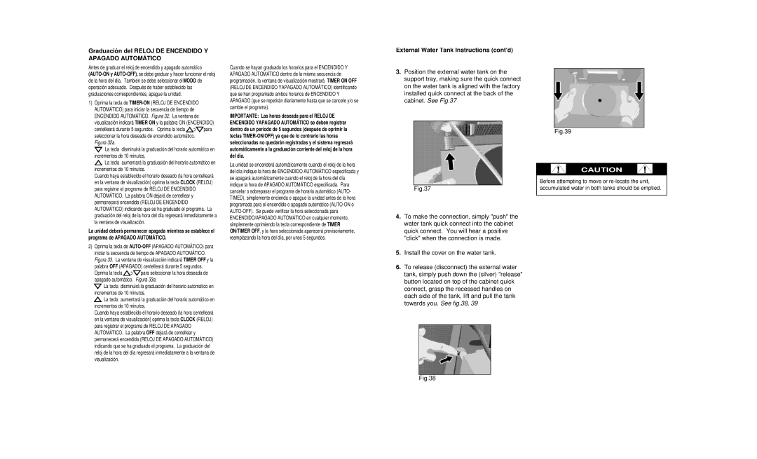 Danby DPAC8399 owner manual Graduación del Reloj DE Encendido Y Apagado Automático, External Water Tank Instructions contd 