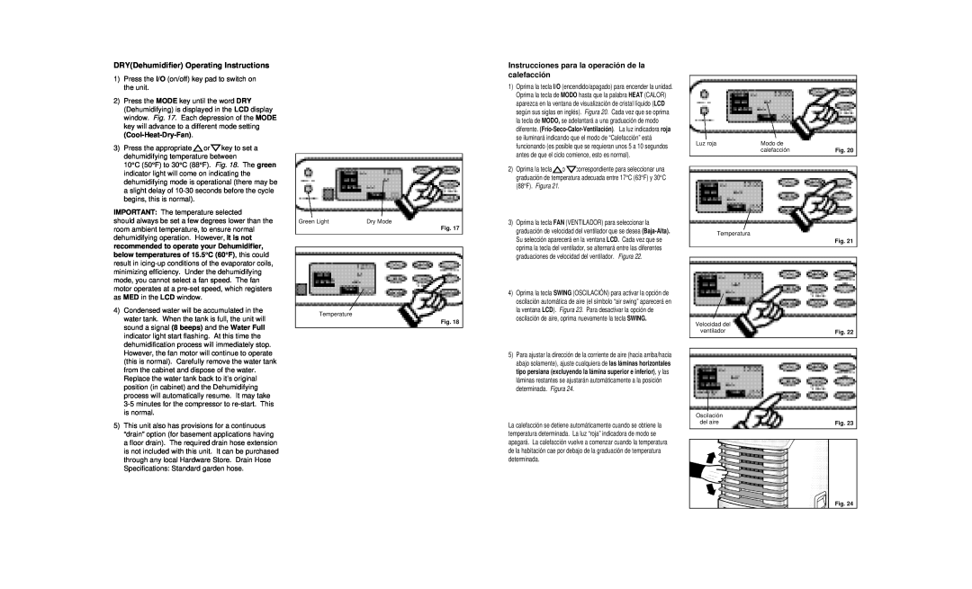 Danby DPAC8399 owner manual DRYDehumidifier Operating Instructions, Instrucciones para la operación de la calefacción 