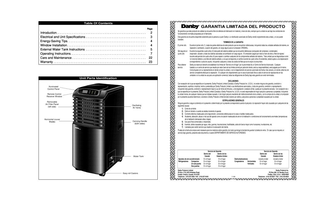 Danby DPAC8399 owner manual Garantia Limitada Del Producto, Table Of Contents, Unit Parts Identification 