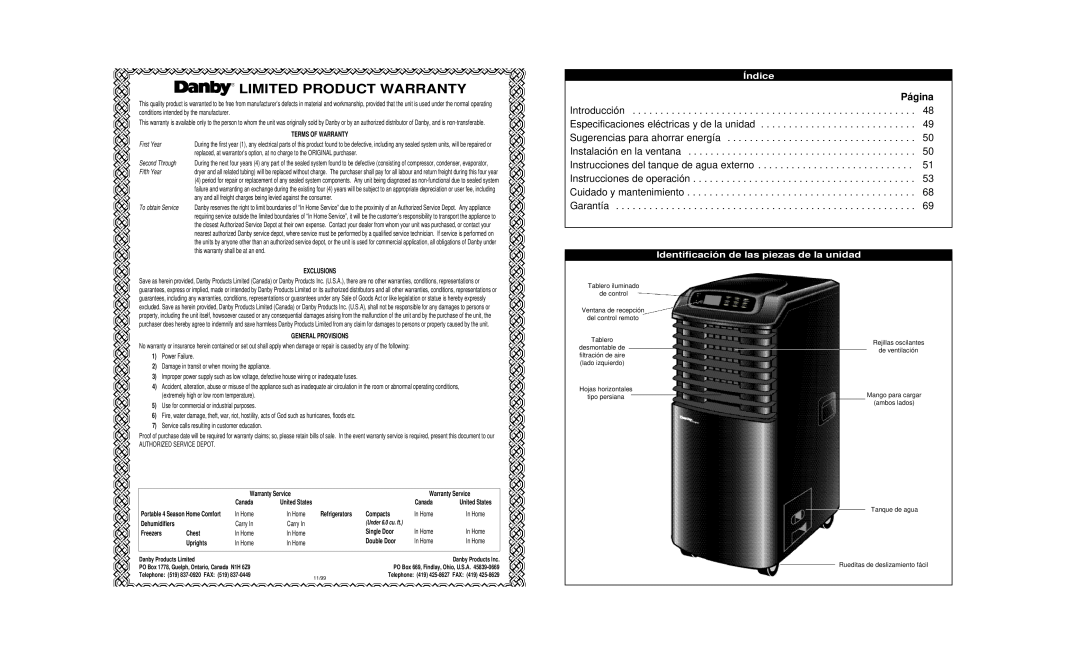 Danby DPAC8399 Limited Product Warranty, Página, Índice, Identificación de las piezas de la unidad, Terms Of Warranty 