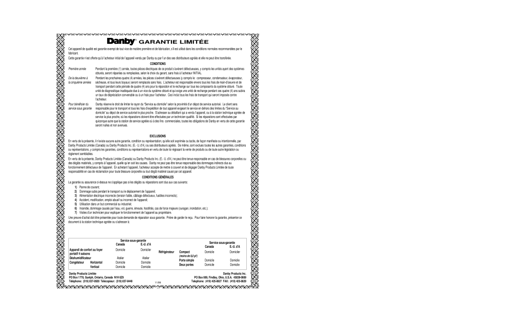 Danby DPAC8399 Garantie Limitée, Exclusions, Conditions Générales, Déshumidificateur, Horizontal, Vertical, Canada 
