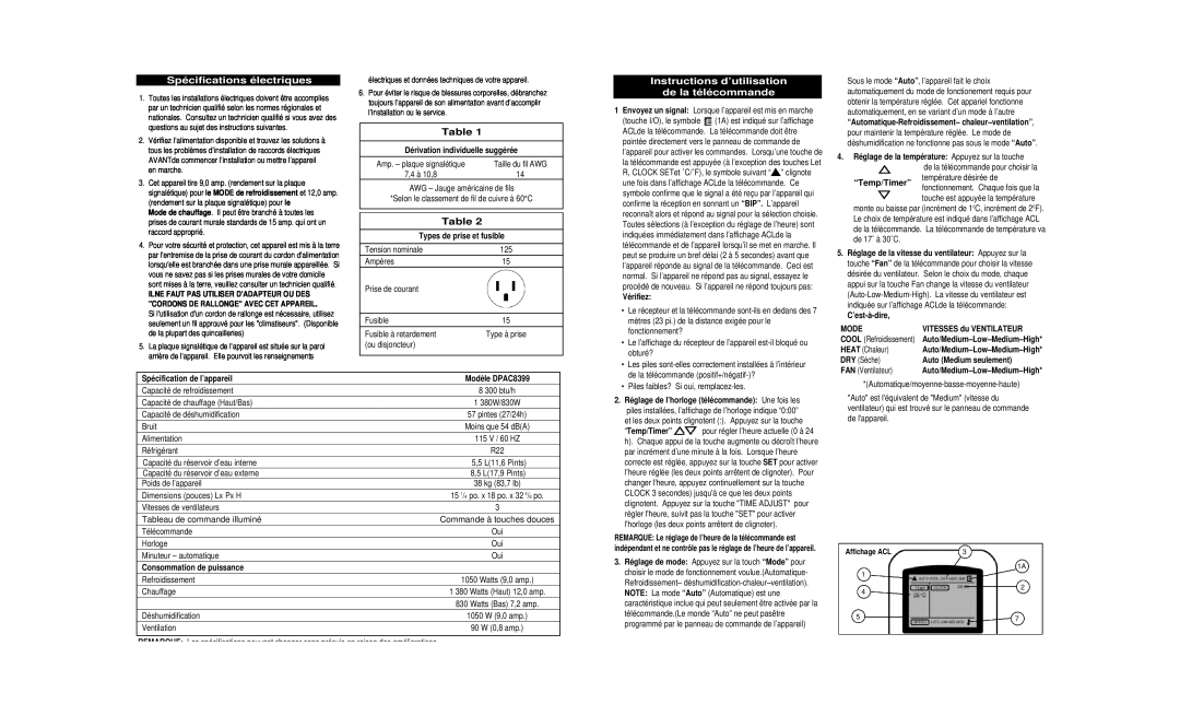 Danby DPAC8399 Spécifications électriques, Table, Instructions d’utilisation de la télécommande, “Temp/Timer”, Vérifiez 