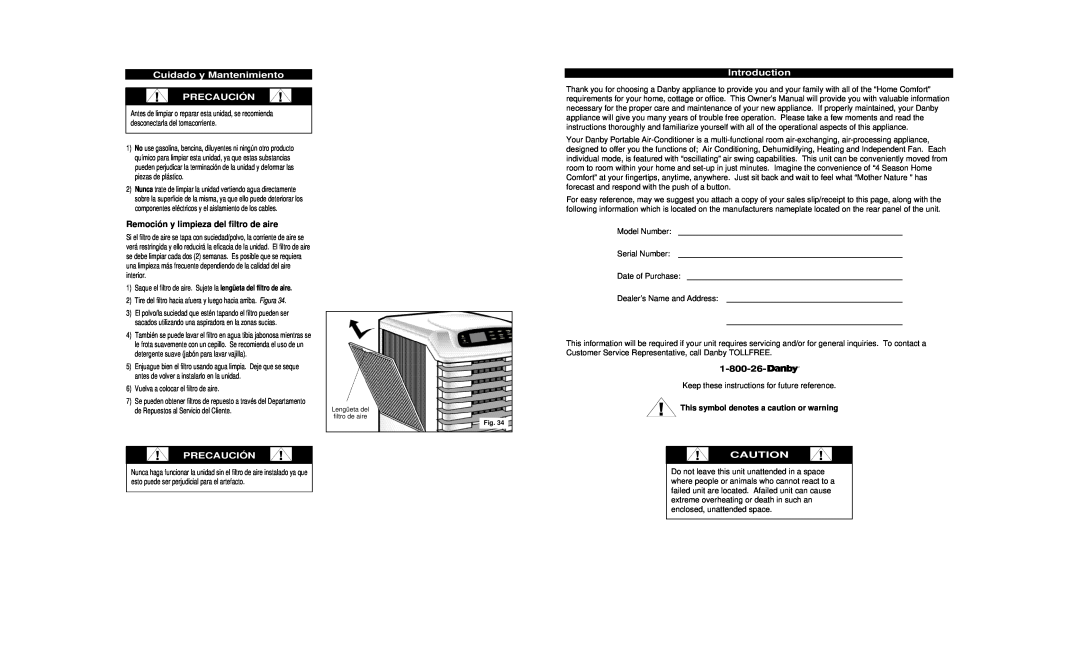 Danby DPAC8399 Cuidado y Mantenimiento PRECAUCIÓN, Remoción y limpieza del filtro de aire, Precaución, Introduction, Danby 