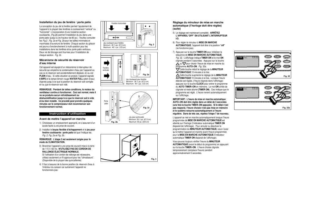 Danby DPAC8399 owner manual Installation du jeu de fenêtre / porte patio, Mécanisme de sécurité du réservoir d’eau interne 