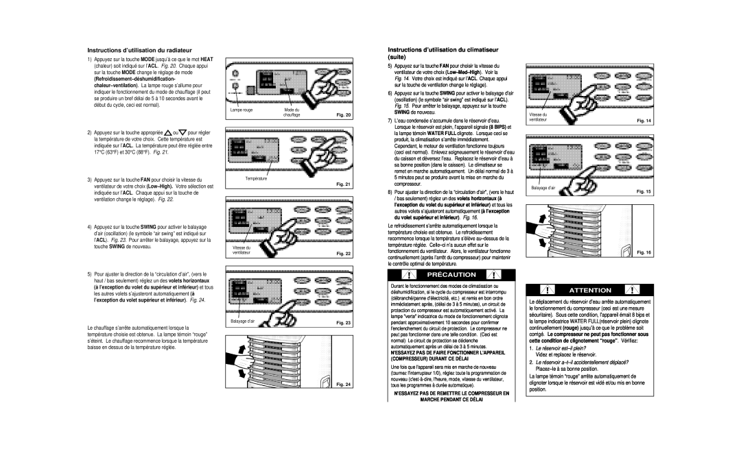 Danby DPAC8399 Instructions d’utilisation du radiateur, Instructions d’utilisation du climatiseur suite, Précaution 