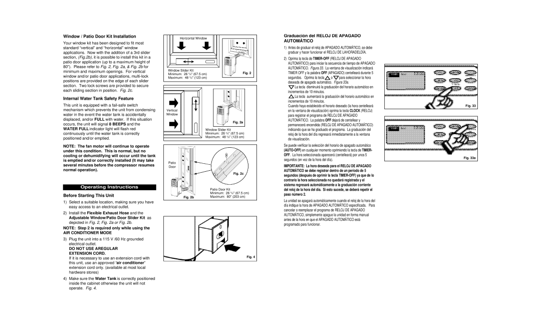Danby DPAC8399 Window / Patio Door Kit Installation, Internal Water Tank Safety Feature, Operating Instructions 