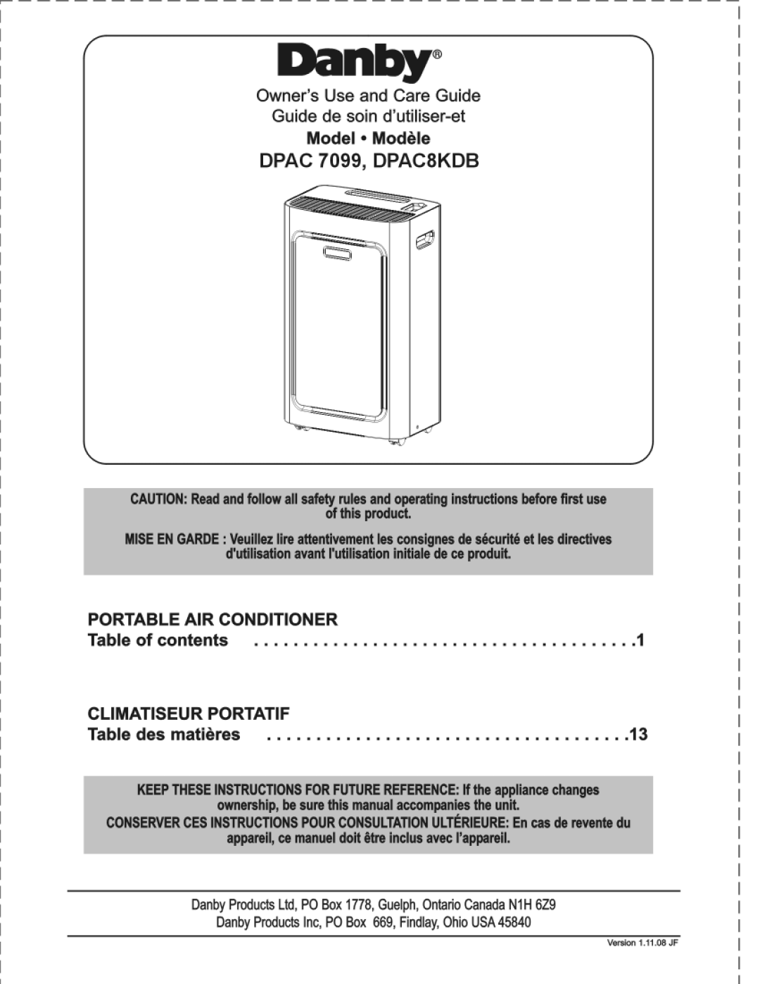 Danby DPAC8KDB manual 