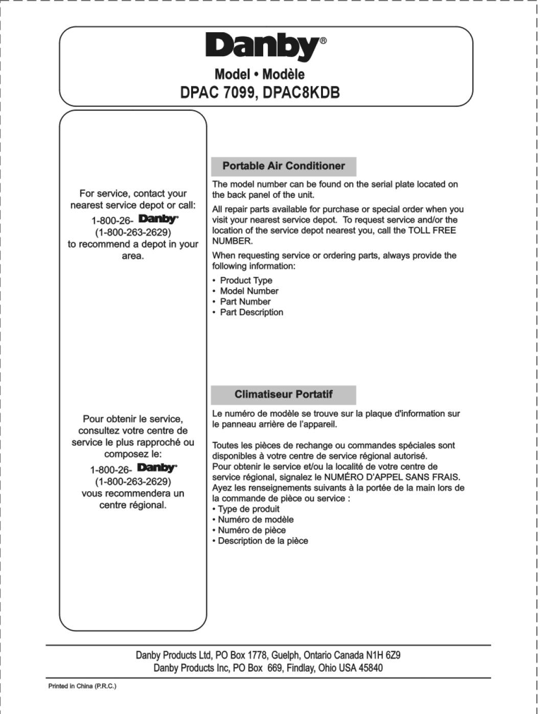 Danby DPAC8KDB manual 