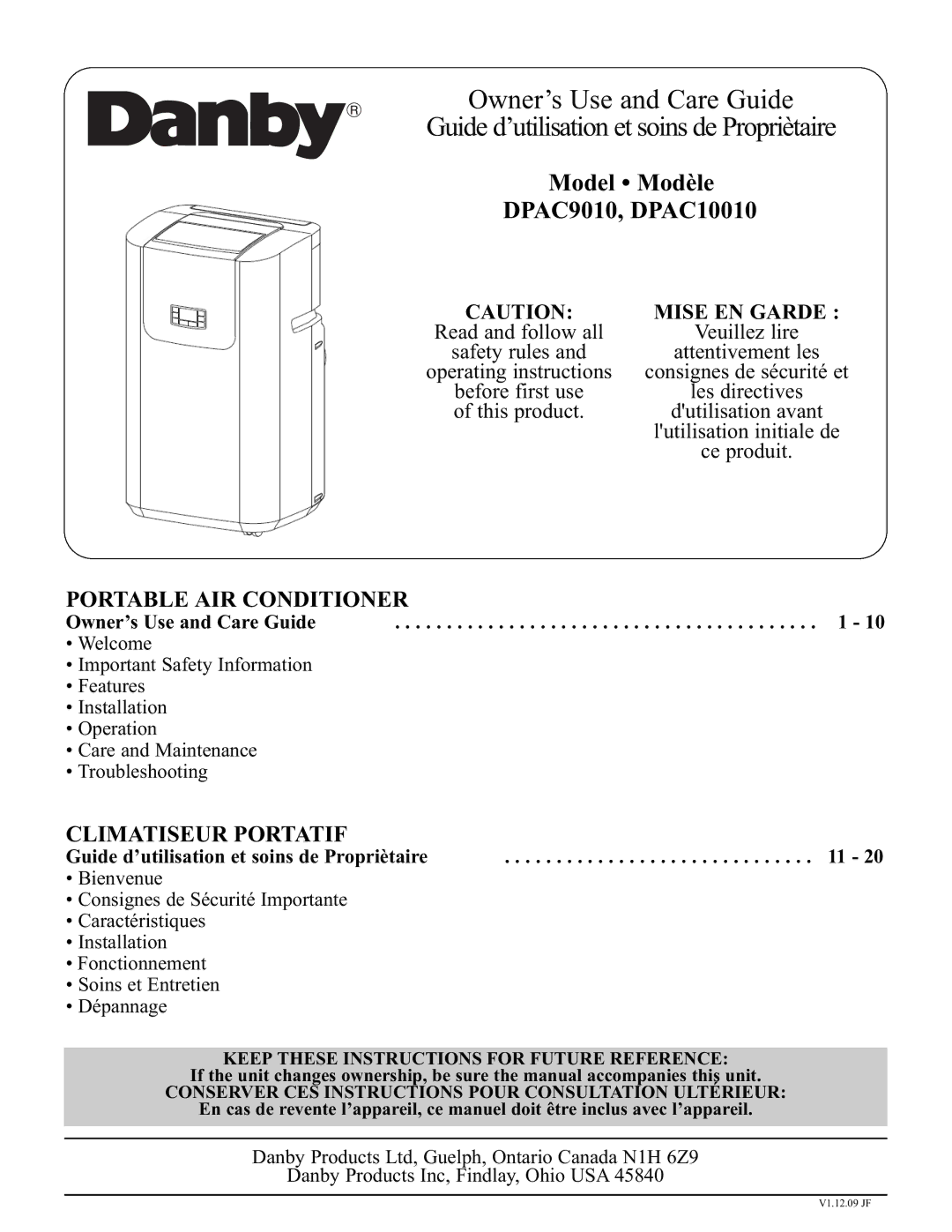 Danby manual Model Modèle DPAC9010, DPAC10010, Keep These Instructions for Future Reference 