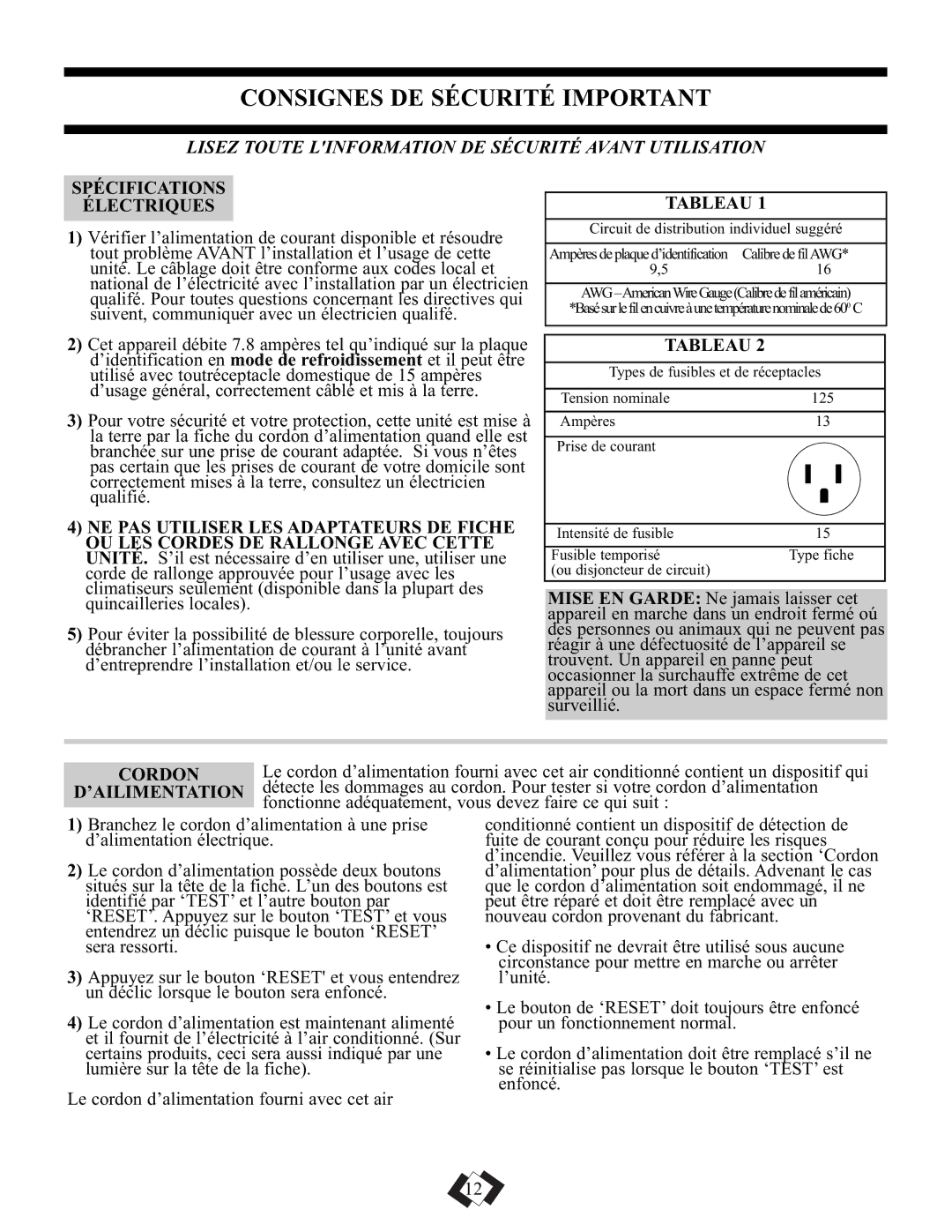 Danby DPAC9010, DPAC10010 manual Consignes DE Sécurité Important, Spécifications Électriques, Tableau, Cordon 