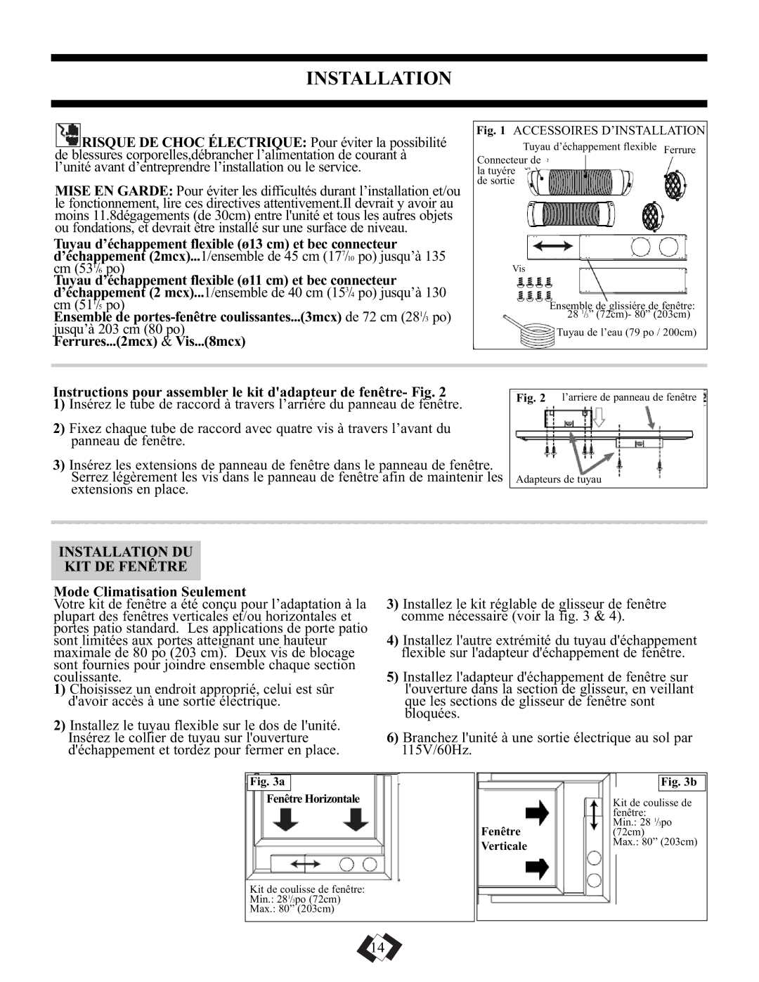 Danby DPAC9010, DPAC10010 manual Installation DU KIT DE Fenêtre, Mode Climatisation Seulement 