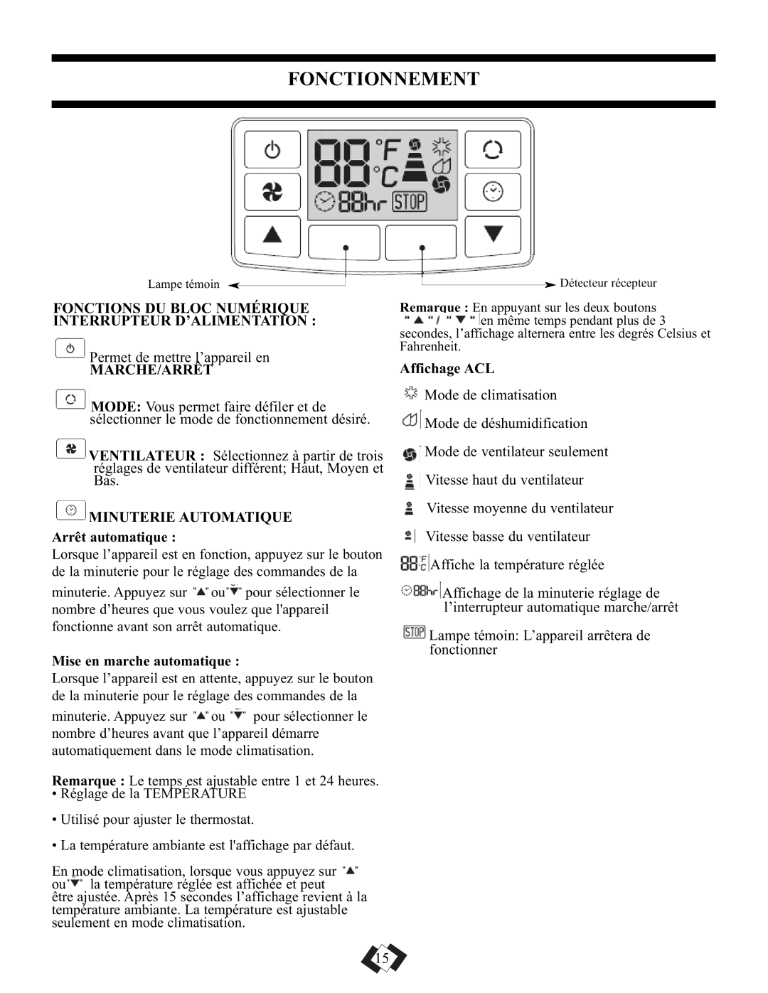 Danby DPAC10010 manual Fonctionnement, Fonctions DU Bloc Numérique Interrupteur D’ALIMENTATION, Marche/Arrêt, Affichage ACL 