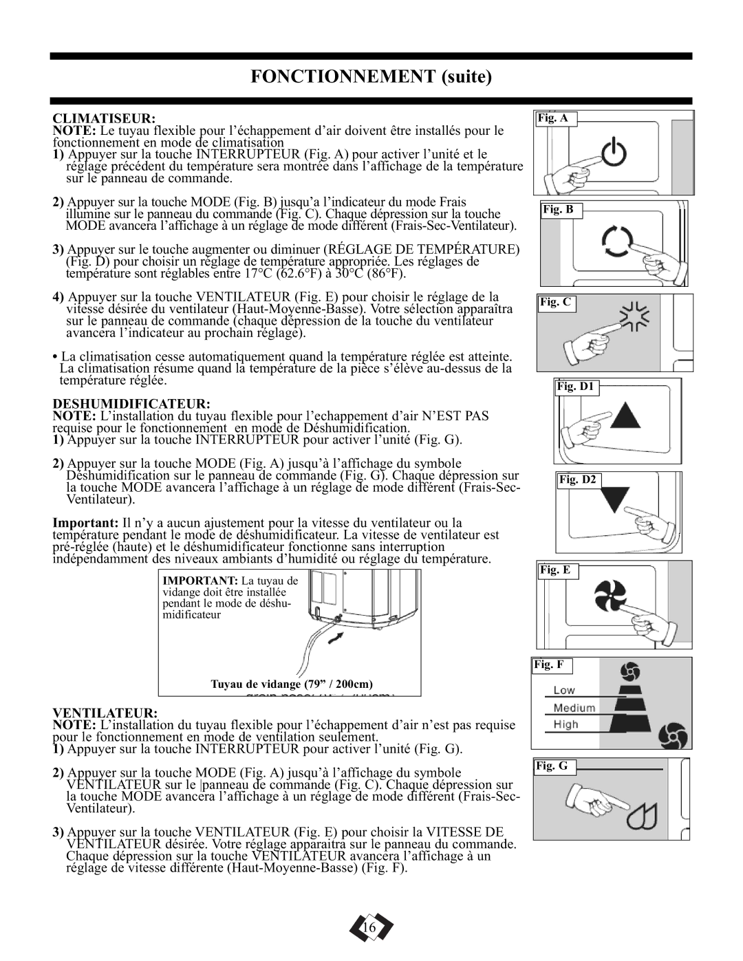 Danby DPAC9010, DPAC10010 manual Fonctionnement suite, Climatiseur 