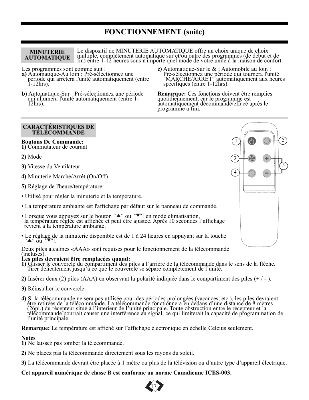 Danby DPAC10010, DPAC9010 manual Automatique, Caractéristiques DE Télécommande, Boutons De Commande 