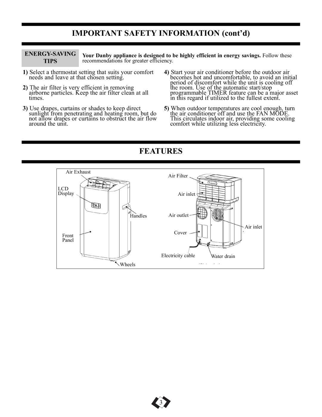 Danby DPAC9010, DPAC10010 manual Important Safety Information cont’d, Features, Energy-Saving, Tips 