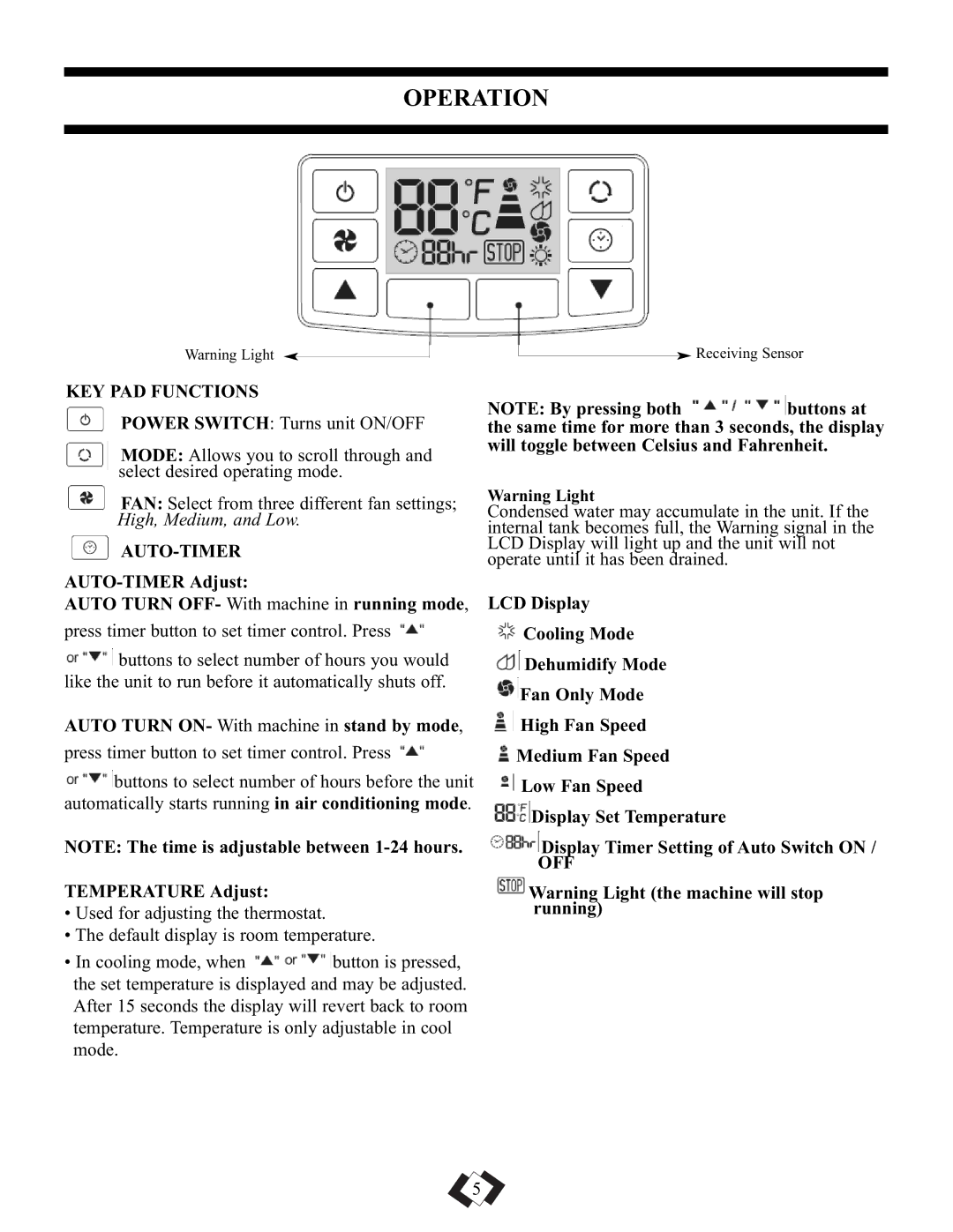 Danby DPAC9010, DPAC10010 manual Operation, KEY PAD Functions, Auto-Timer, Off 