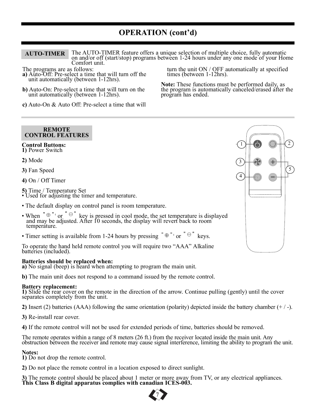 Danby DPAC9010 Remote Control Features, Control Buttons Power Switch Mode Fan Speed, Batteries should be replaced when 