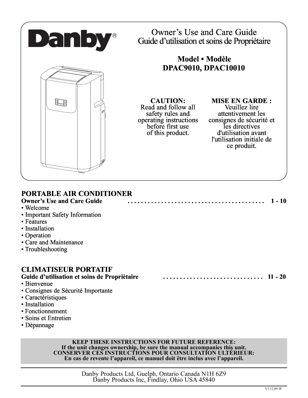 Danby manual Model Modèle DPAC9010, DPAC10010, Portable Air Conditioner, Climatiseur Portatif, Mise En Garde 