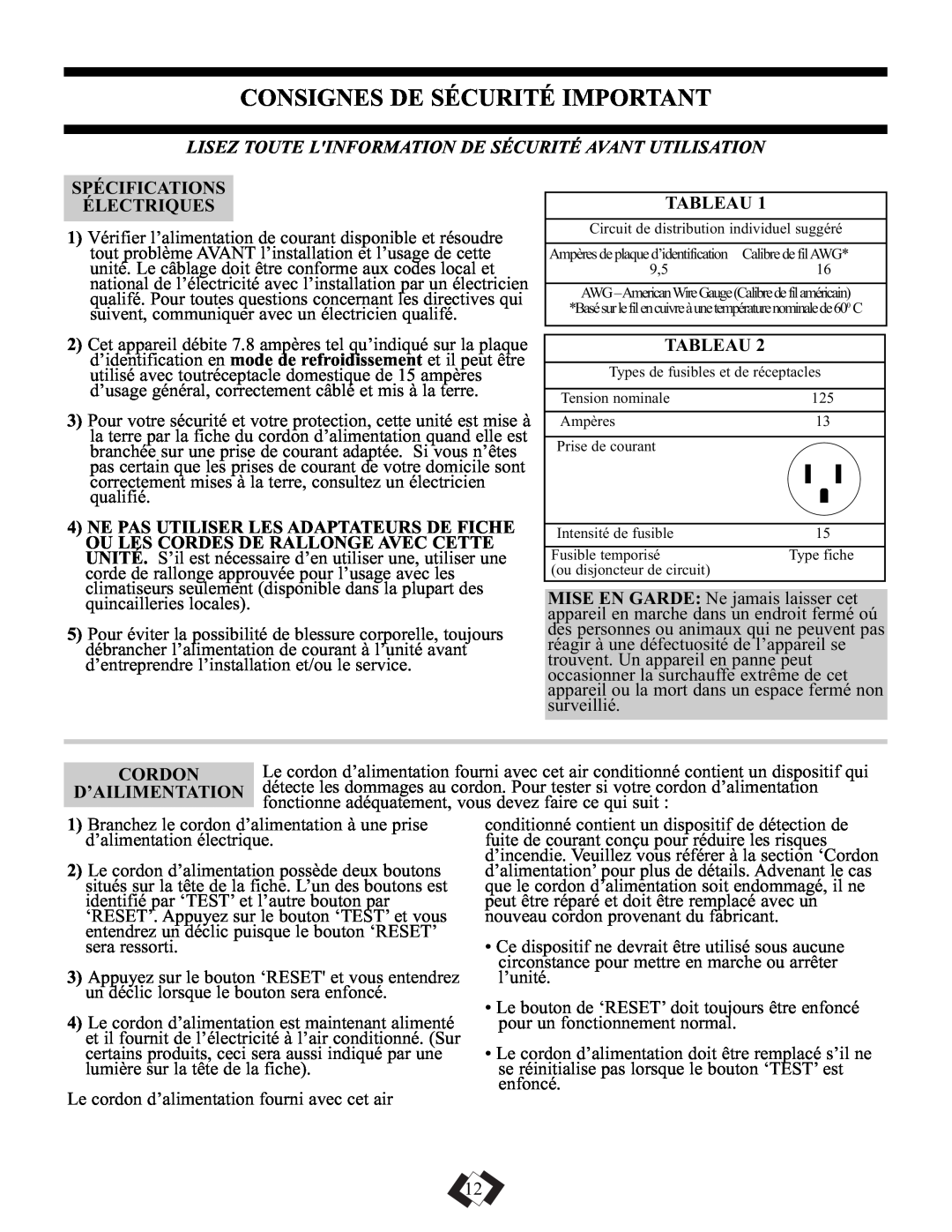 Danby DPAC9010, DPAC10010 manual Consignes De Sécurité Important, Spécifications Électriques, Tableau, Cordon 