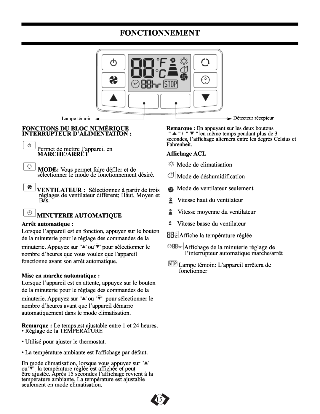 Danby DPAC10010, DPAC9010 manual Fonctionnement, Marche/Arrêt, Minuterie Automatique, Affichage ACL 