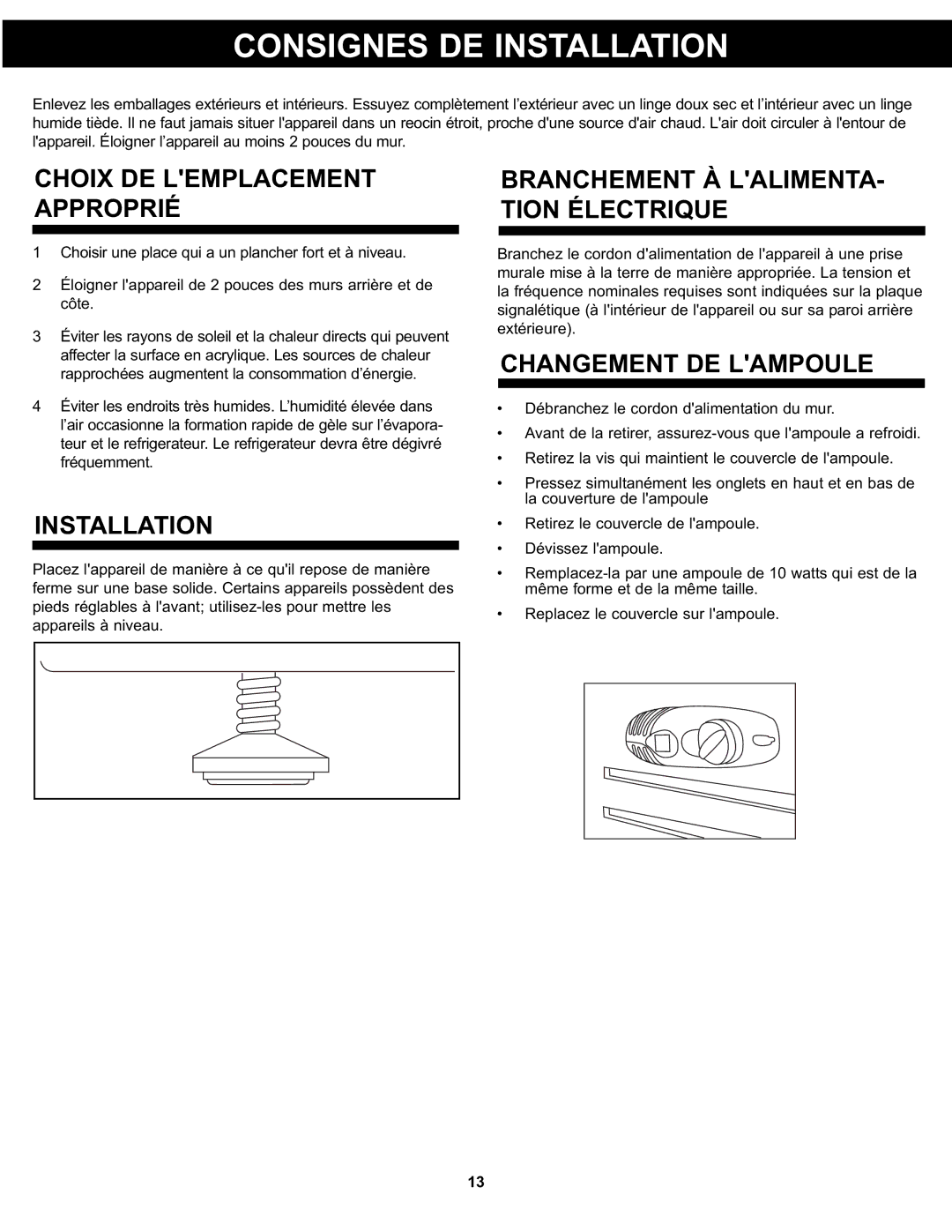 Danby DPF074B1WDB Consignes DE Installation, Choix DE Lemplacement Approprié, Branchement À LALIMENTA- Tion Électrique 