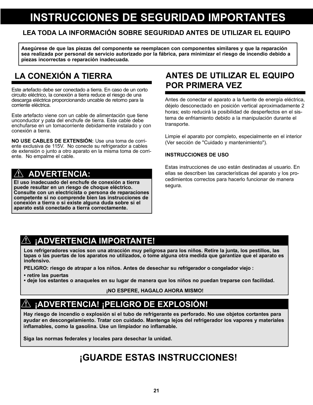 Danby DPF074B1WDB manual Instrucciones DE Seguridad Importantes, LA Conexión a Tierra, Instrucciones DE USO 