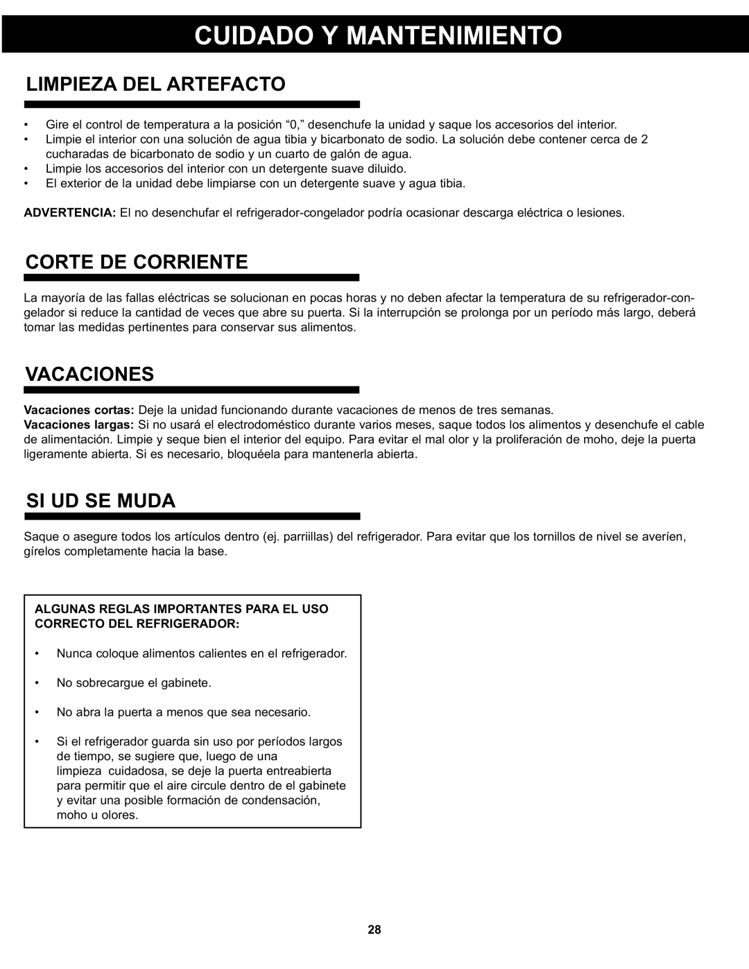 Danby DPF074B1WDB manual Cuidado Y Mantenimiento, Limpieza DEL Artefacto, Corte DE Corriente, Vacaciones, SI UD SE Muda 