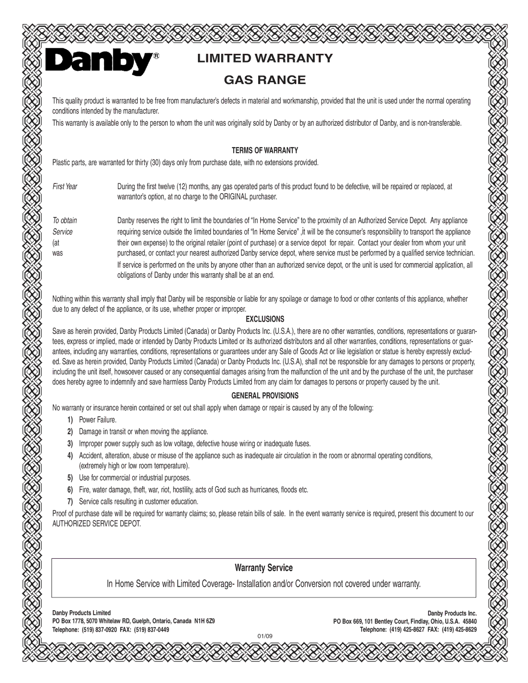 Danby DR2009WGLP installation instructions Limited Warranty GAS Range 