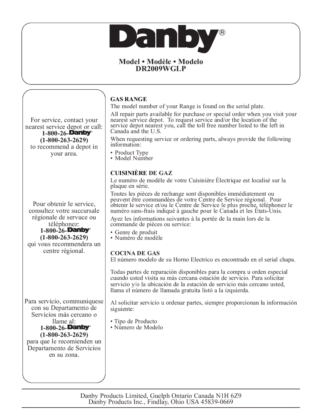 Danby DR2009WGLP installation instructions GAS Range, Cuisinière DE GAZ, Cocina DE GAS 