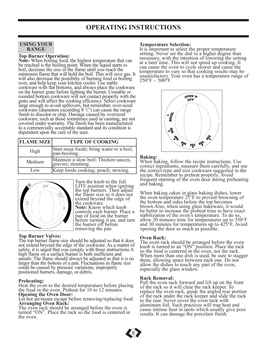 Danby DR2009WGLP installation instructions Operating Instructions, Using Your Range, Flame Size Type of Cooking 