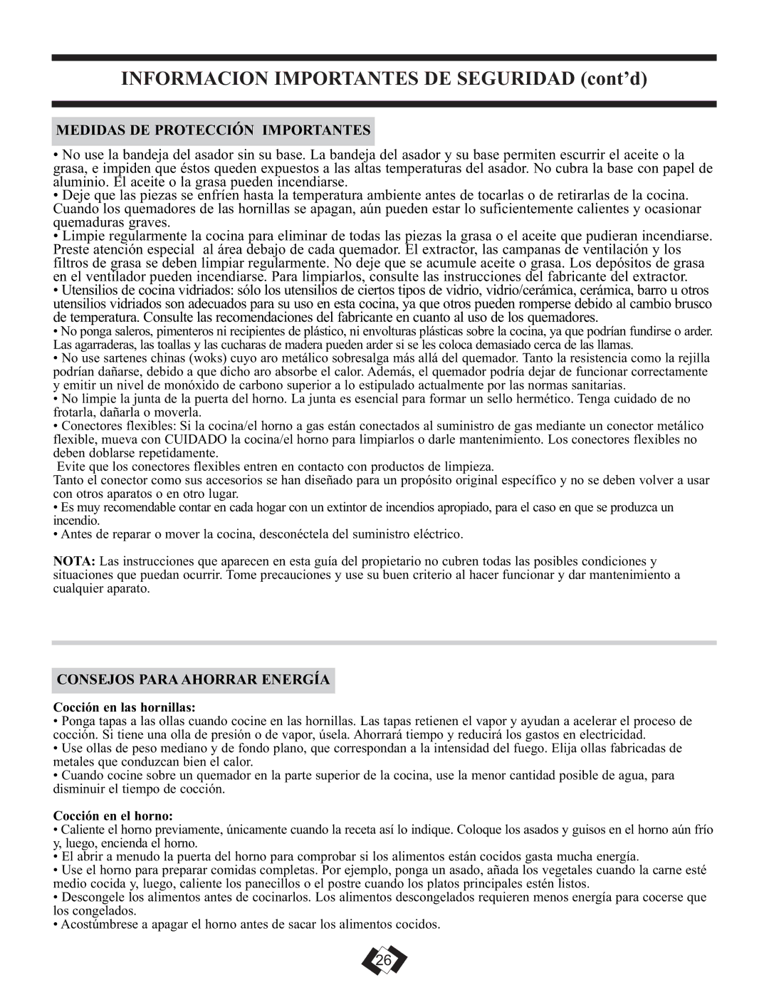 Danby DR2009WGLP installation instructions Consejos Paraahorrar Energía, Cocción en las hornillas, Cocción en el horno 