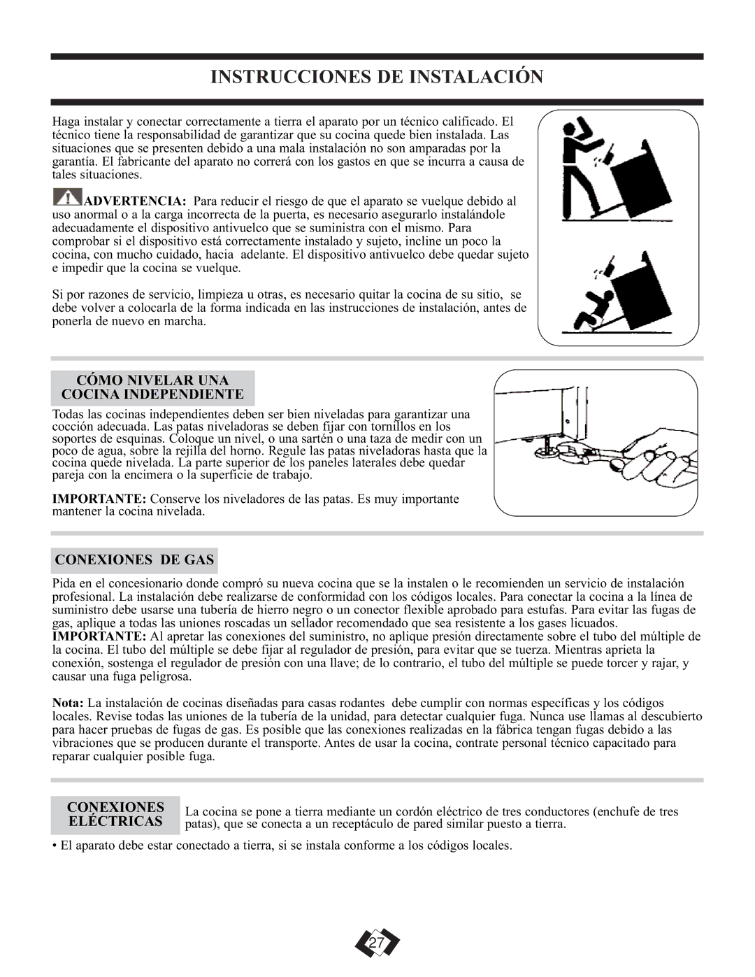 Danby DR2009WGLP Instrucciones DE Instalación, Cómo Nivelar UNA Cocina Independiente, Conexiones DE GAS, Eléctricas 